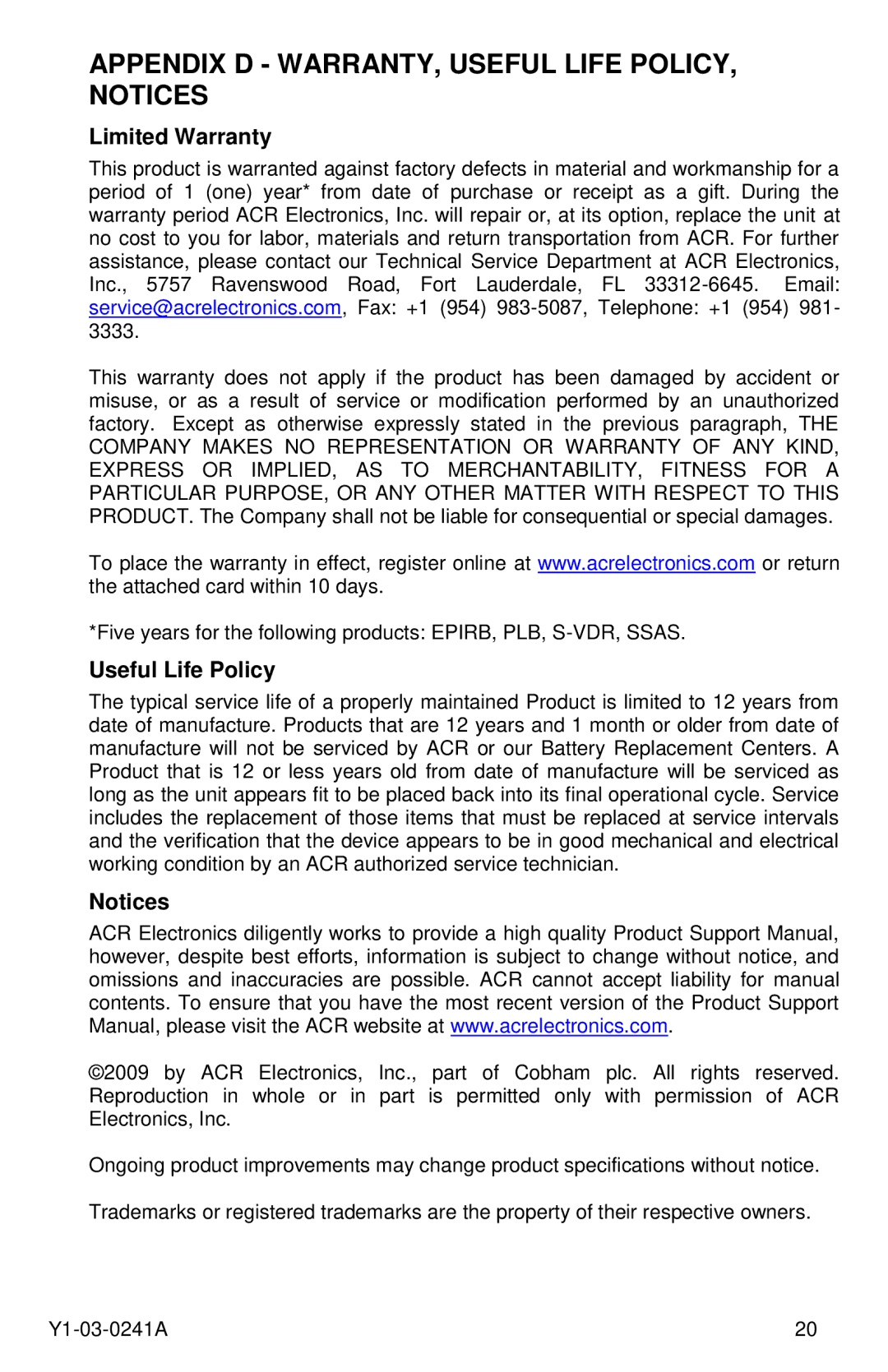 ACR Electronics 2883, PLB-350B, 2882 Appendix D WARRANTY, Useful Life POLICY, Notices, Limited Warranty, Useful Life Policy 