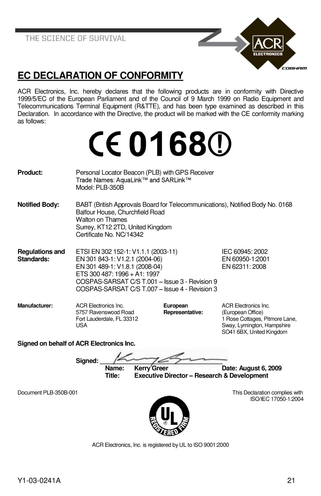 ACR Electronics PLB-350B, 2883, 2882 manual EC Declaration of Conformity, Notified Body 