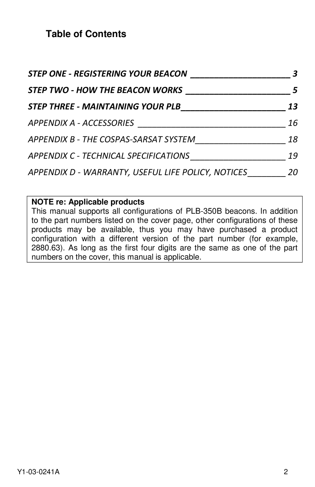 ACR Electronics 2883, PLB-350B, 2882 manual Table of Contents 