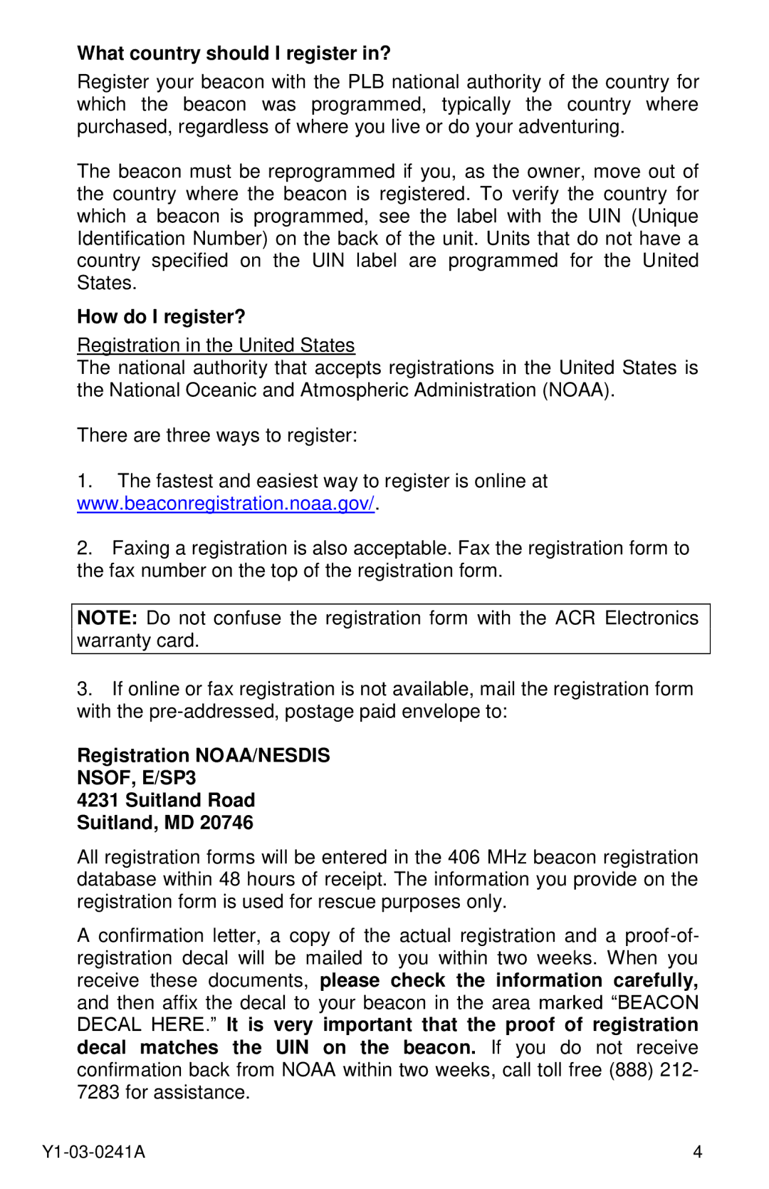 ACR Electronics 2882, 2883, PLB-350B manual What country should I register in?, How do I register?, Registration NOAA/NESDIS 