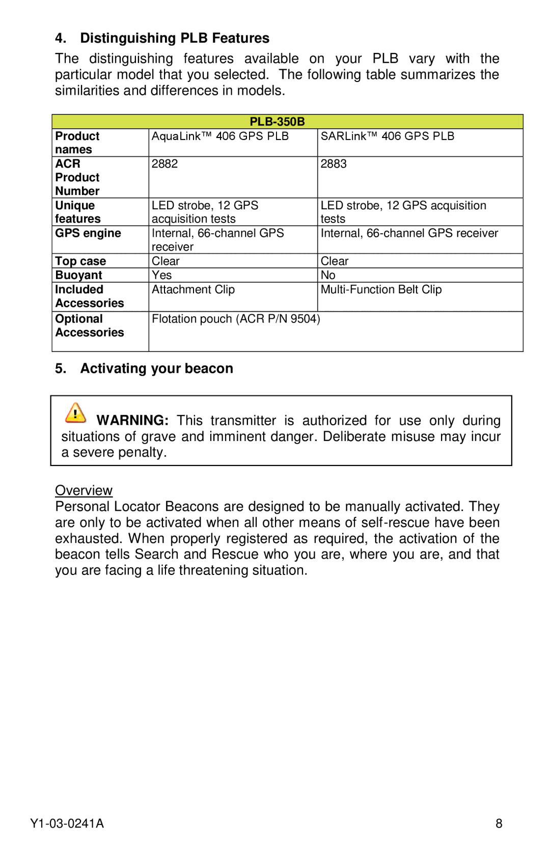 ACR Electronics 2883, PLB-350B, 2882 manual Distinguishing PLB Features, Activating your beacon 