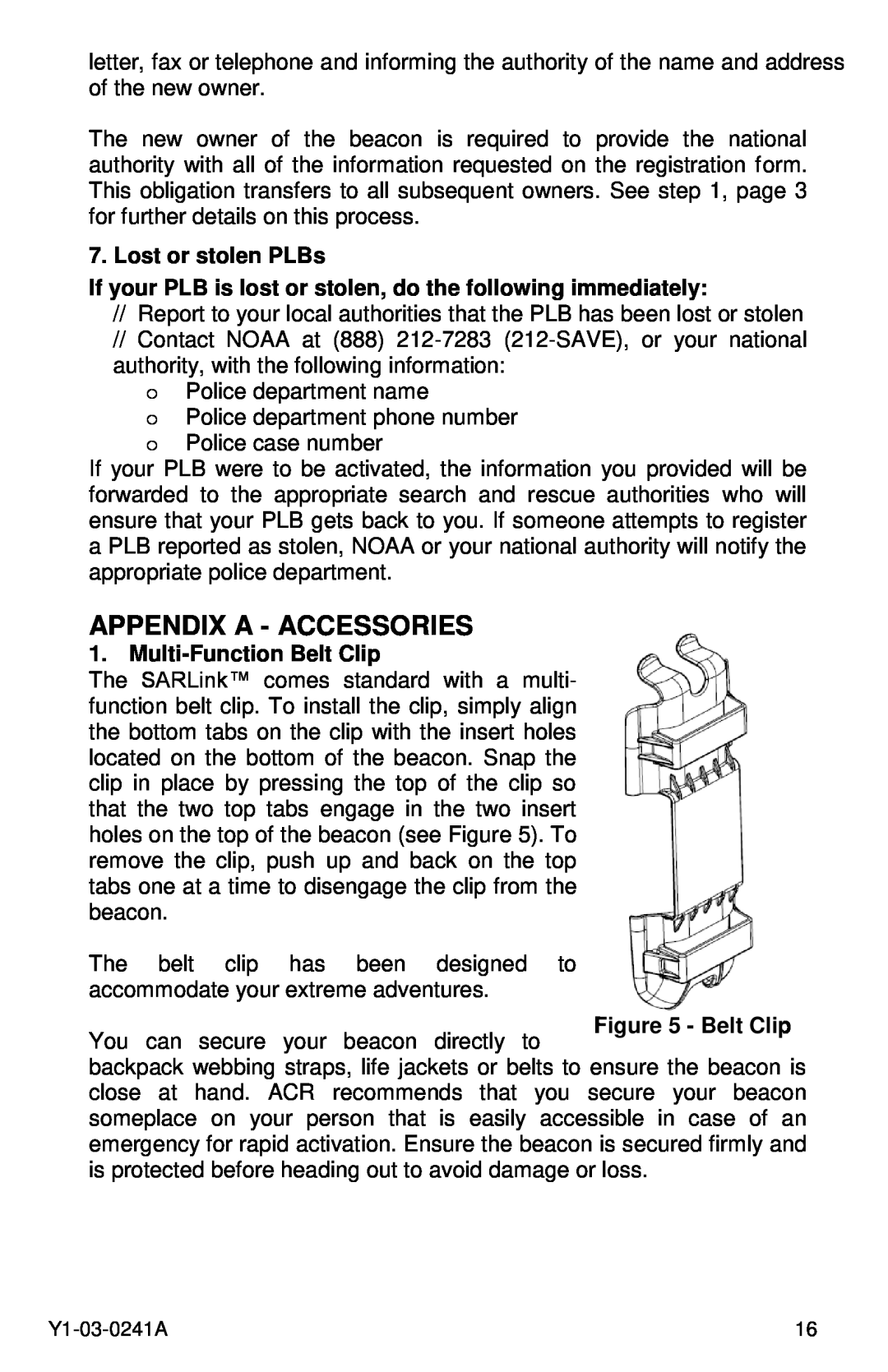 ACR Electronics 2882, 2883, PLB-350B manual Appendix A - Accessories, Lost or stolen PLBs, Multi-Function Belt Clip 