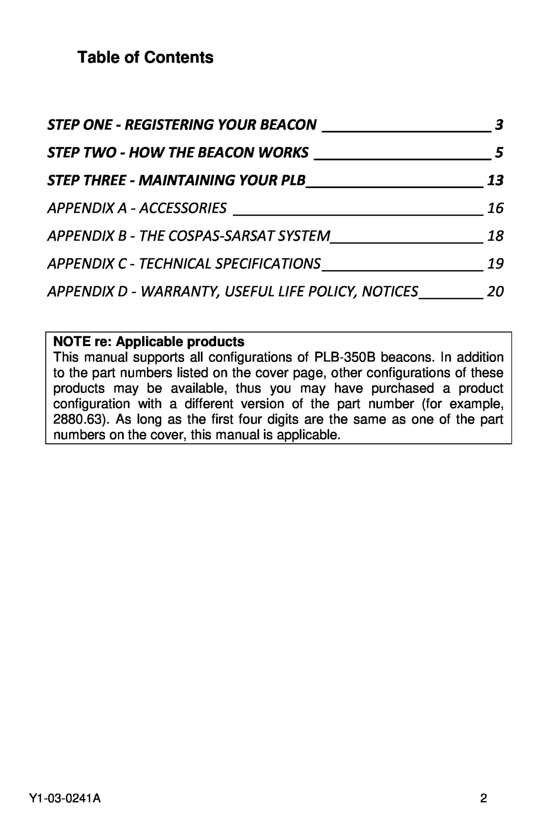 ACR Electronics 2883, PLB-350B, 2882 manual Table of Contents, NOTE re Applicable products, Step Three - Maintaining Your Plb 
