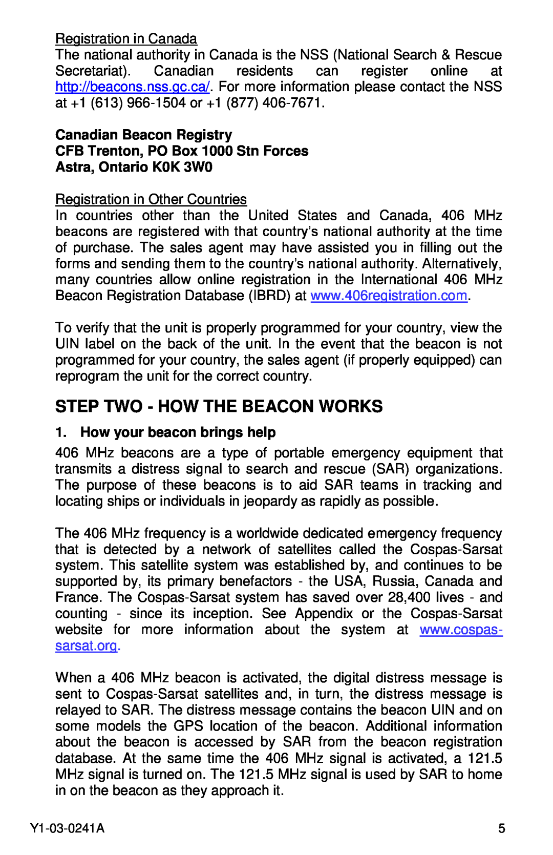 ACR Electronics 2883, 2882 Step Two - How The Beacon Works, Canadian Beacon Registry CFB Trenton, PO Box 1000 Stn Forces 