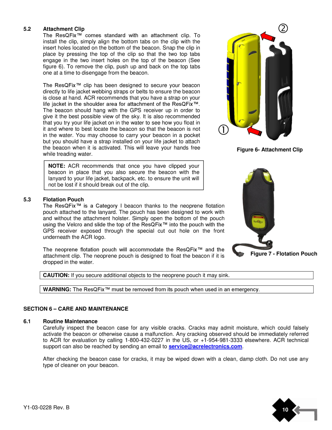 ACR Electronics PLB-300, 2898, 2897 manual Attachment Clip, Flotation Pouch, Care and Maintenance, Routine Maintenance 