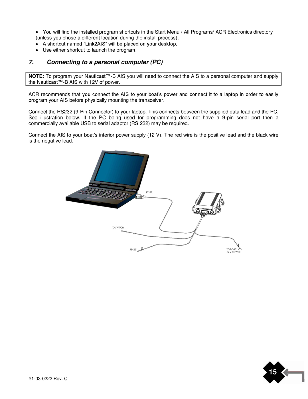 ACR Electronics Y1-03-0222, AIS-300 manual Connecting to a personal computer PC 