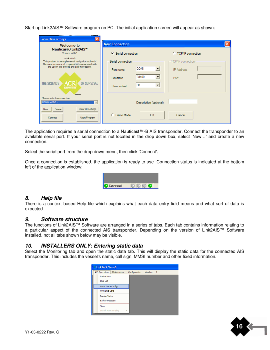 ACR Electronics AIS-300, Y1-03-0222 manual Help file, Software structure, Installers only Entering static data 