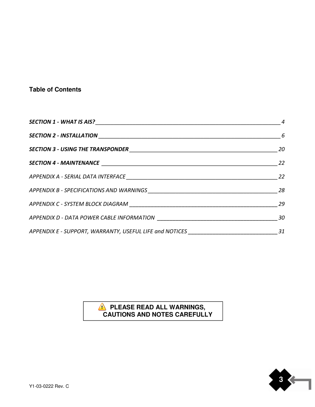 ACR Electronics Y1-03-0222, AIS-300 manual Please Read ALL Warnings 