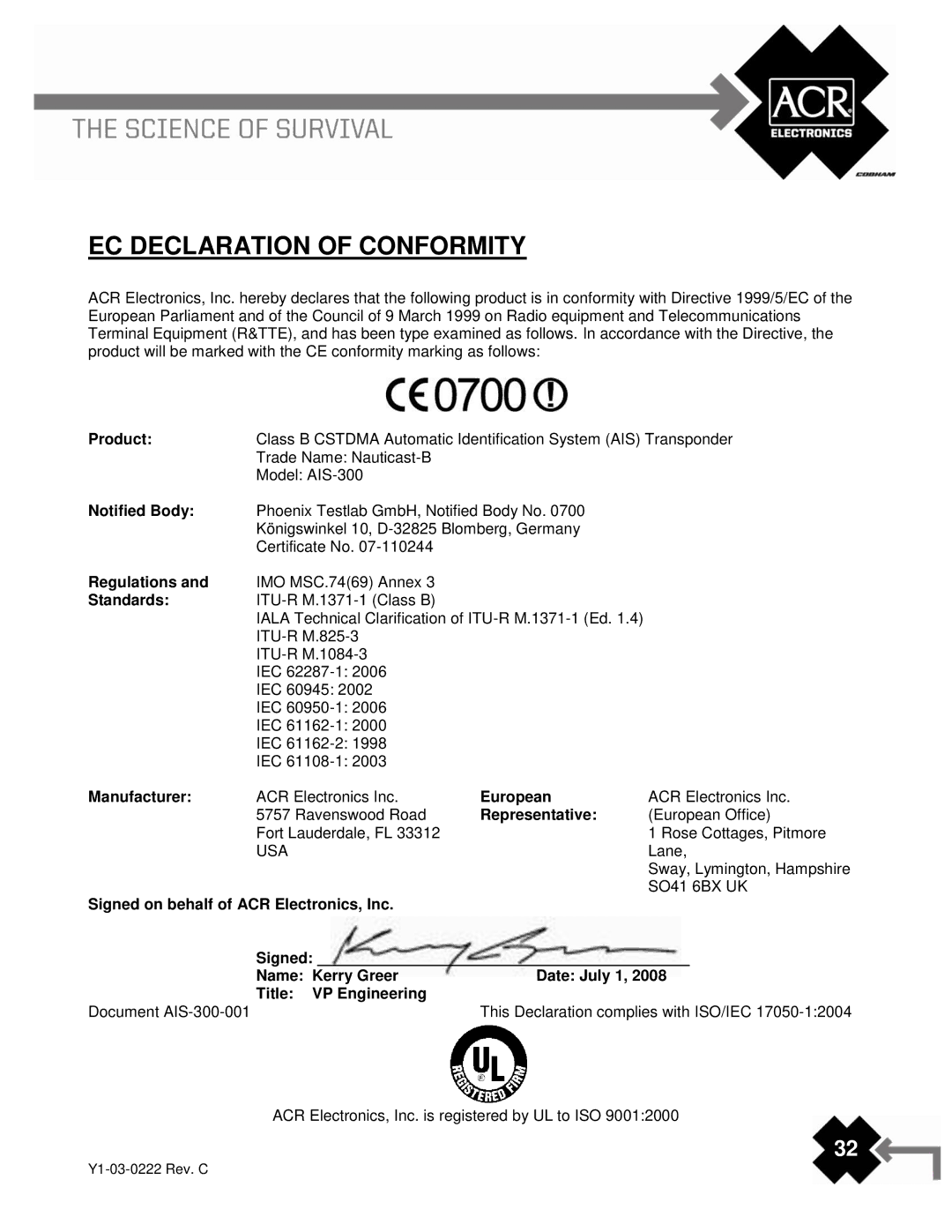 ACR Electronics AIS-300, Y1-03-0222 manual Manufacturer, European, Representative, Signed on behalf of ACR Electronics, Inc 