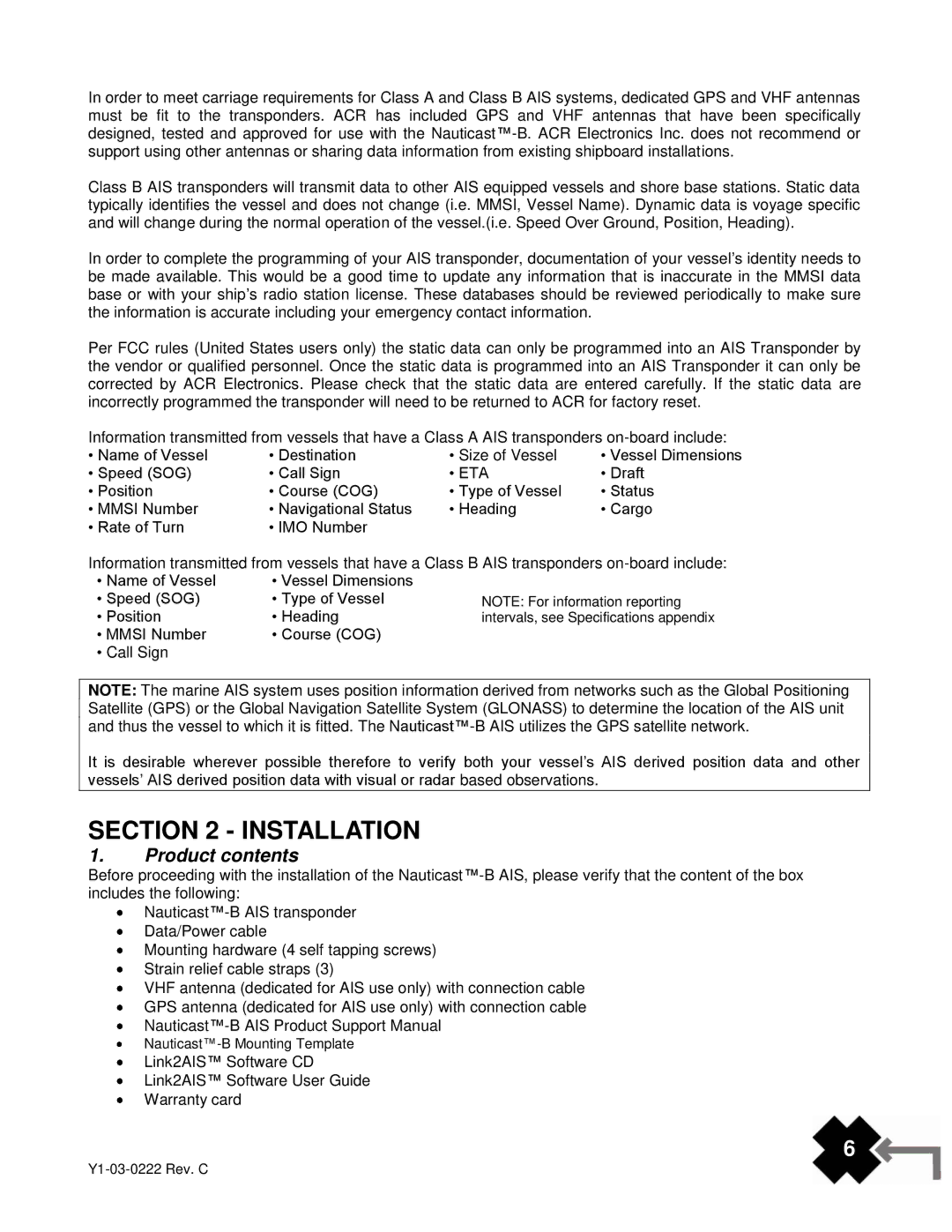 ACR Electronics AIS-300, Y1-03-0222 manual Installation, Product contents 