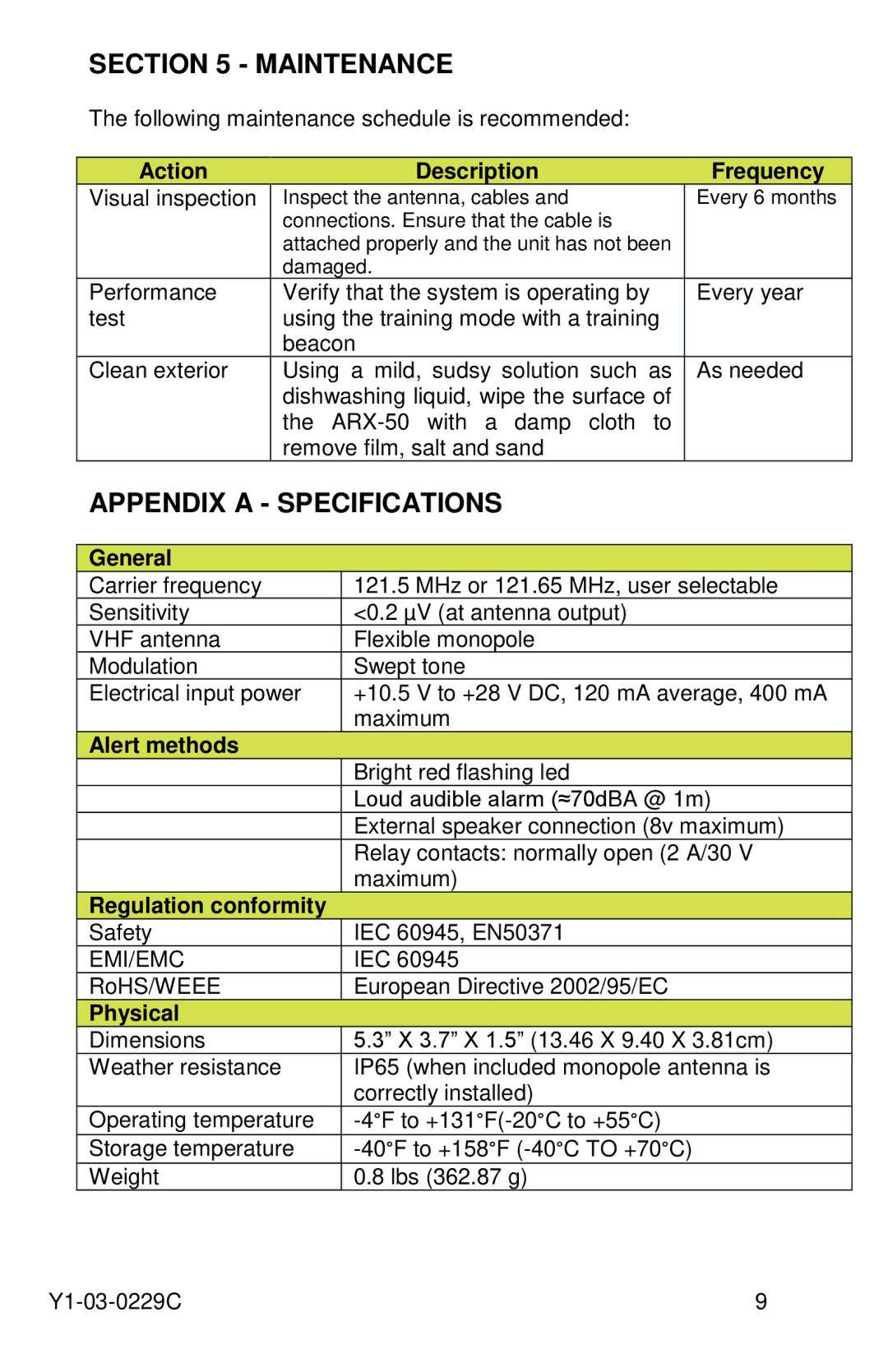 ACR Electronics ARX-50, Y1-03-0229C manual Maintenance, Appendix a Specifications 