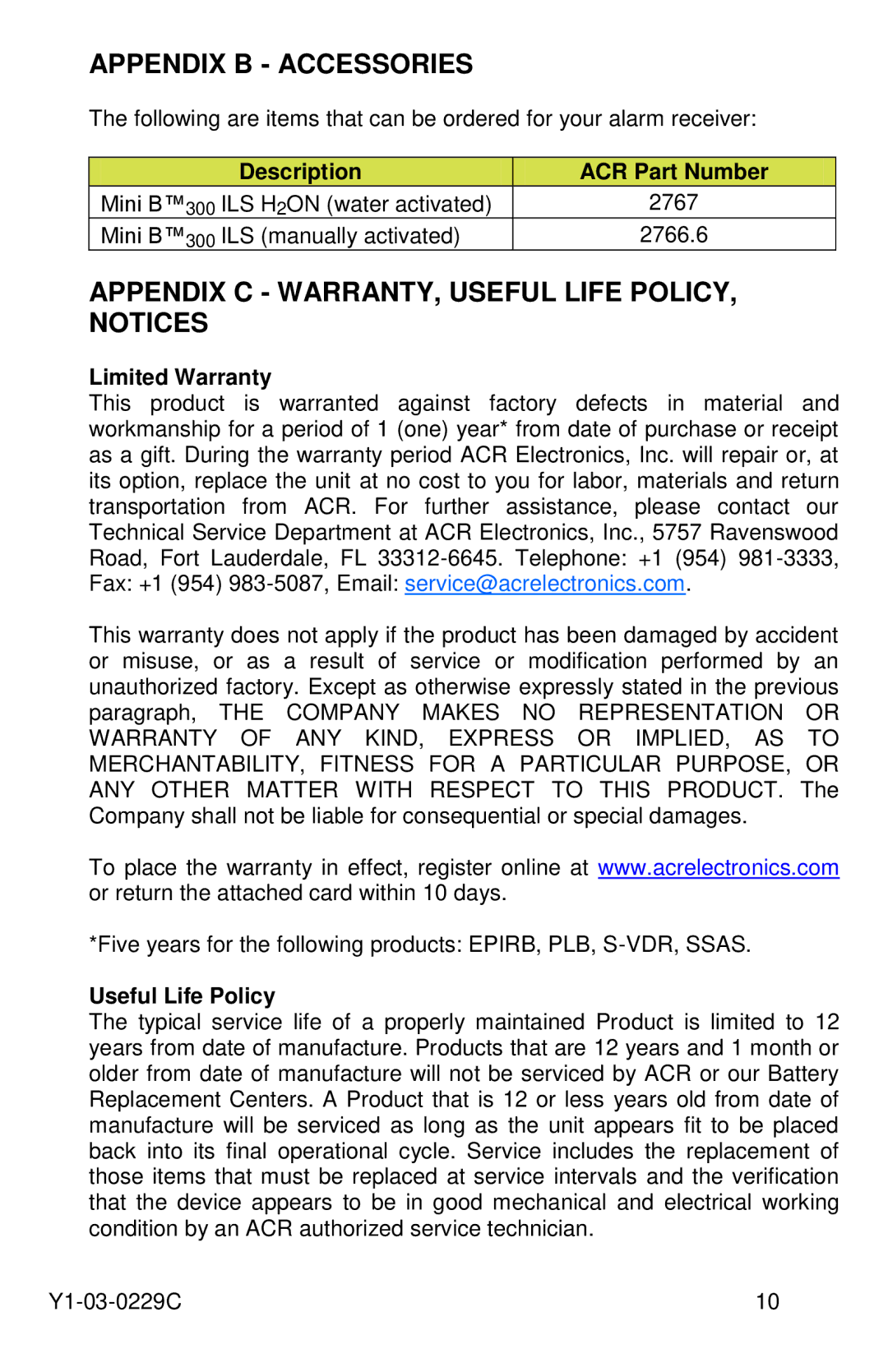 ACR Electronics Y1-03-0229C Appendix B Accessories, Appendix C WARRANTY, Useful Life POLICY, Notices, Limited Warranty 