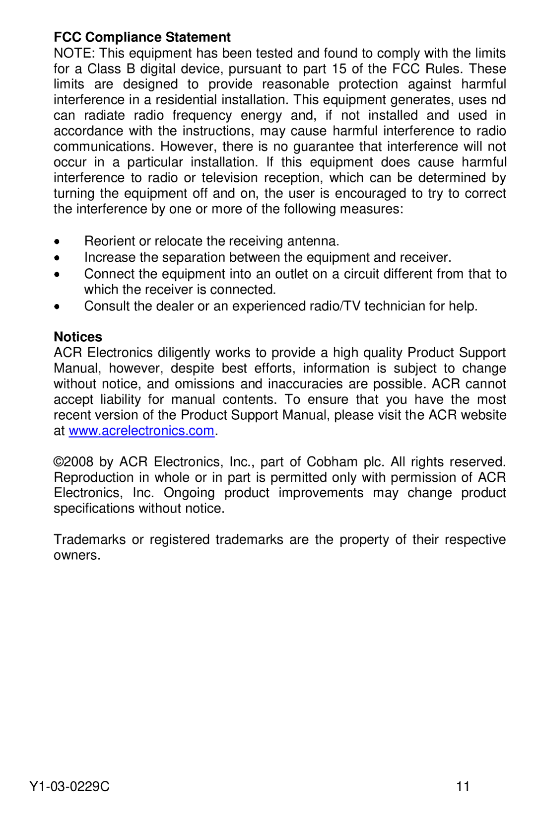 ACR Electronics ARX-50, Y1-03-0229C manual FCC Compliance Statement 