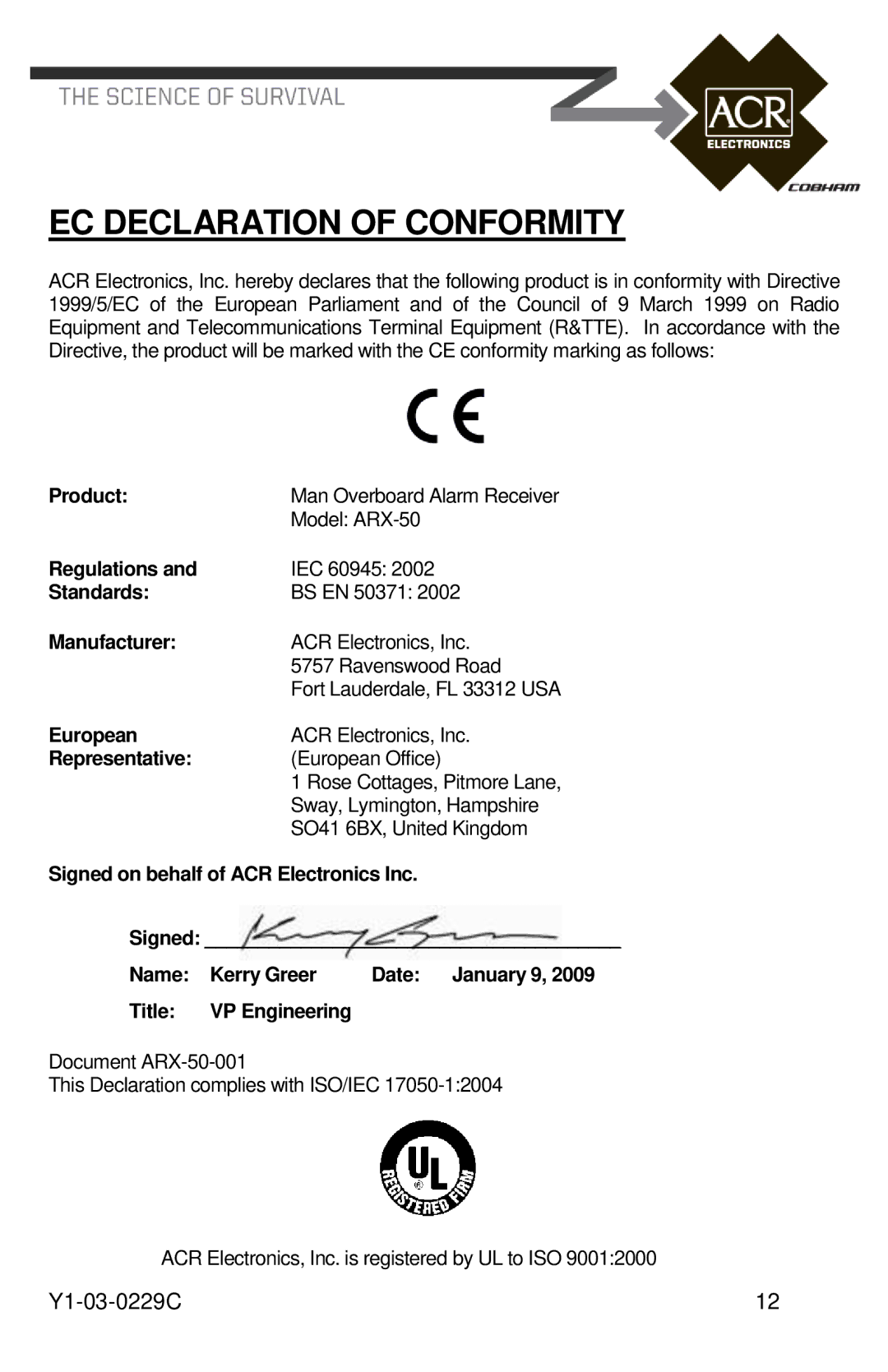 ACR Electronics Y1-03-0229C, ARX-50 manual EC Declaration of Conformity 