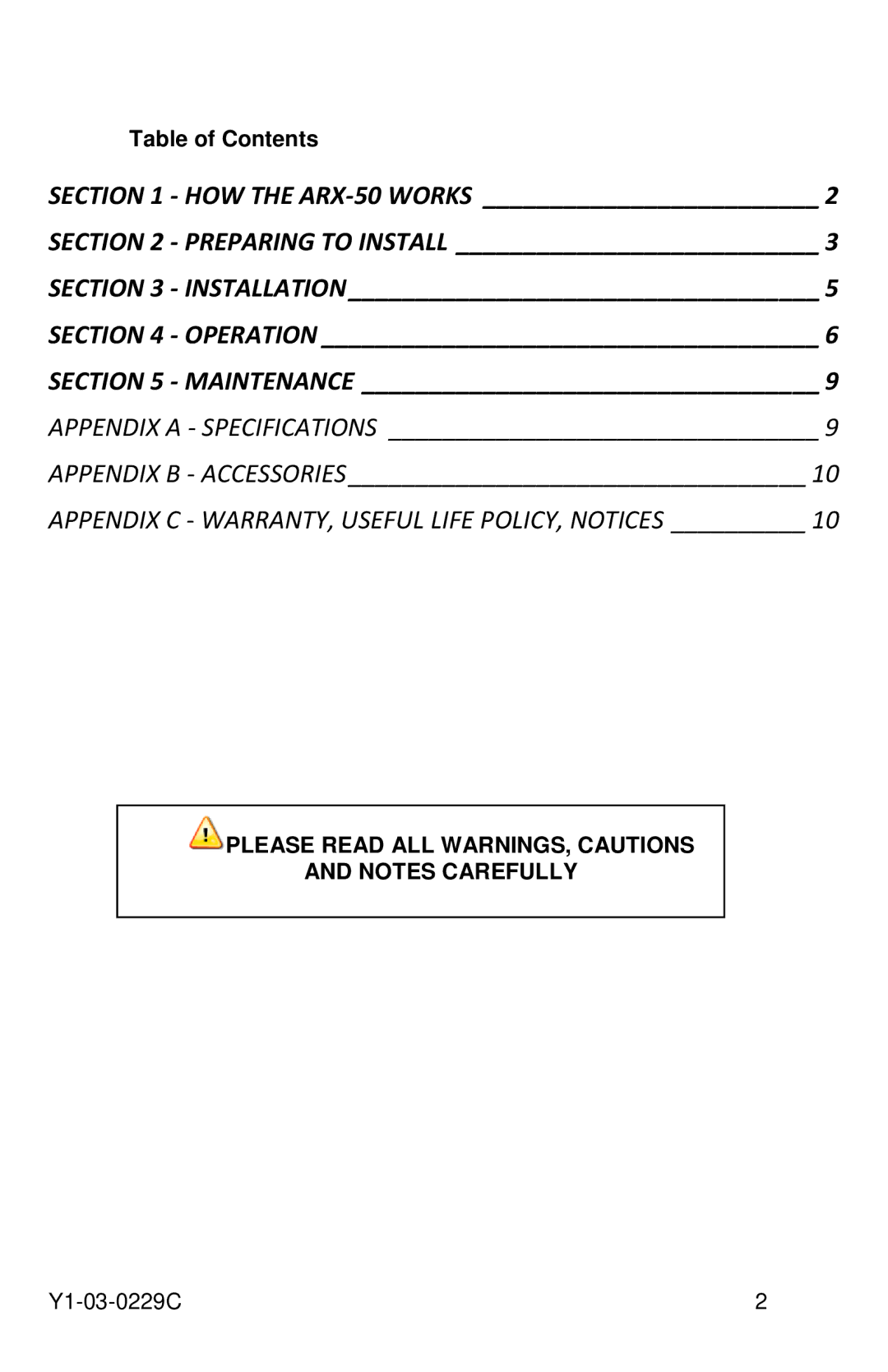 ACR Electronics Y1-03-0229C, ARX-50 manual Table of Contents 