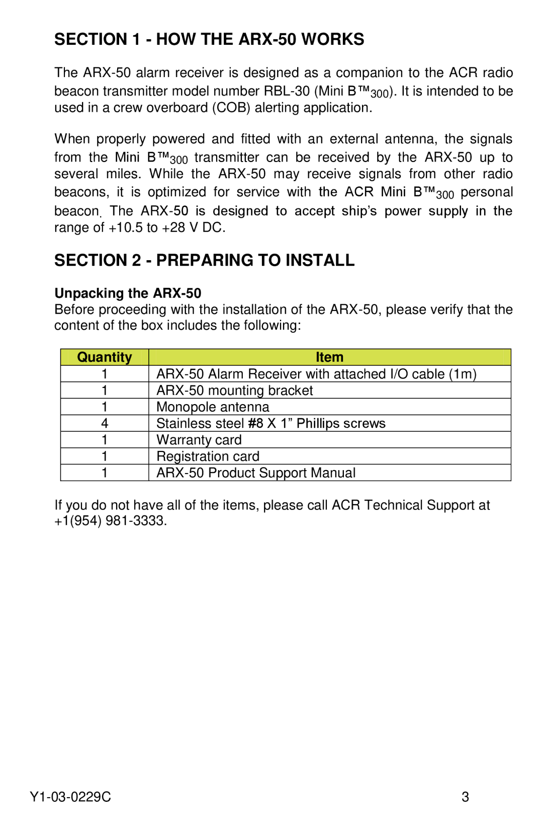 ACR Electronics Y1-03-0229C manual HOW the ARX-50 Works, Preparing to Install, Unpacking the ARX-50, Quantity 