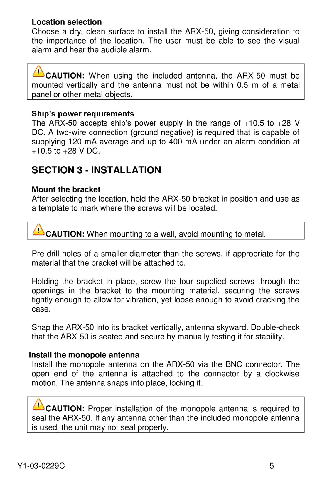 ACR Electronics ARX-50, Y1-03-0229C manual Installation, Location selection, Ship’s power requirements, Mount the bracket 