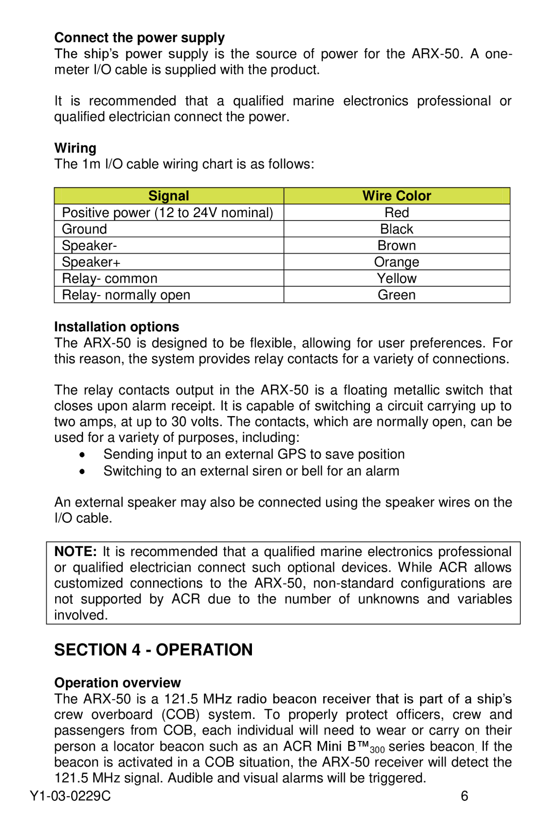 ACR Electronics Y1-03-0229C, ARX-50 manual Operation 