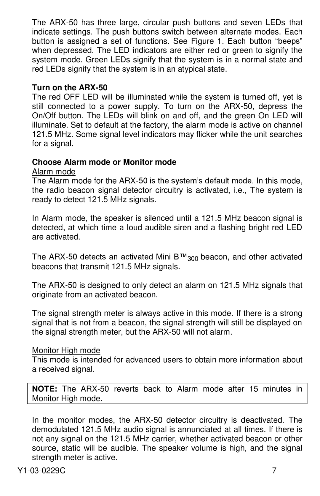 ACR Electronics Y1-03-0229C manual Turn on the ARX-50, Choose Alarm mode or Monitor mode 