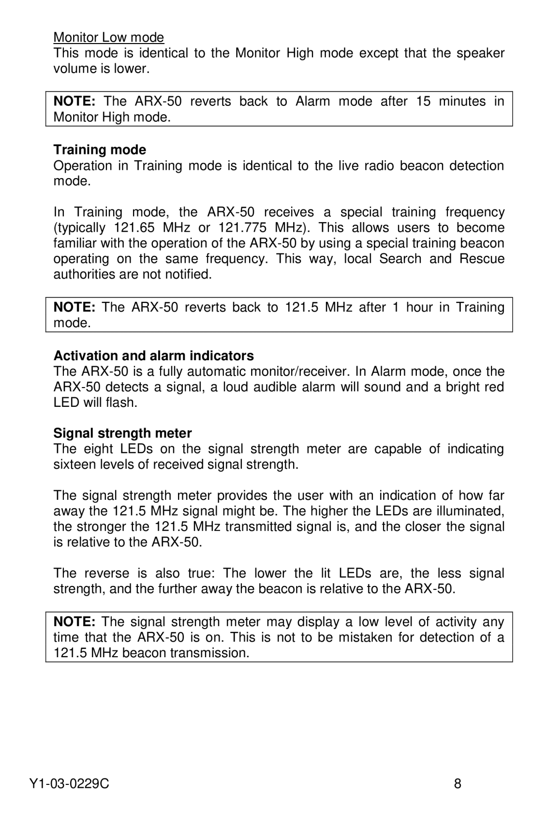 ACR Electronics Y1-03-0229C, ARX-50 manual Training mode, Activation and alarm indicators 