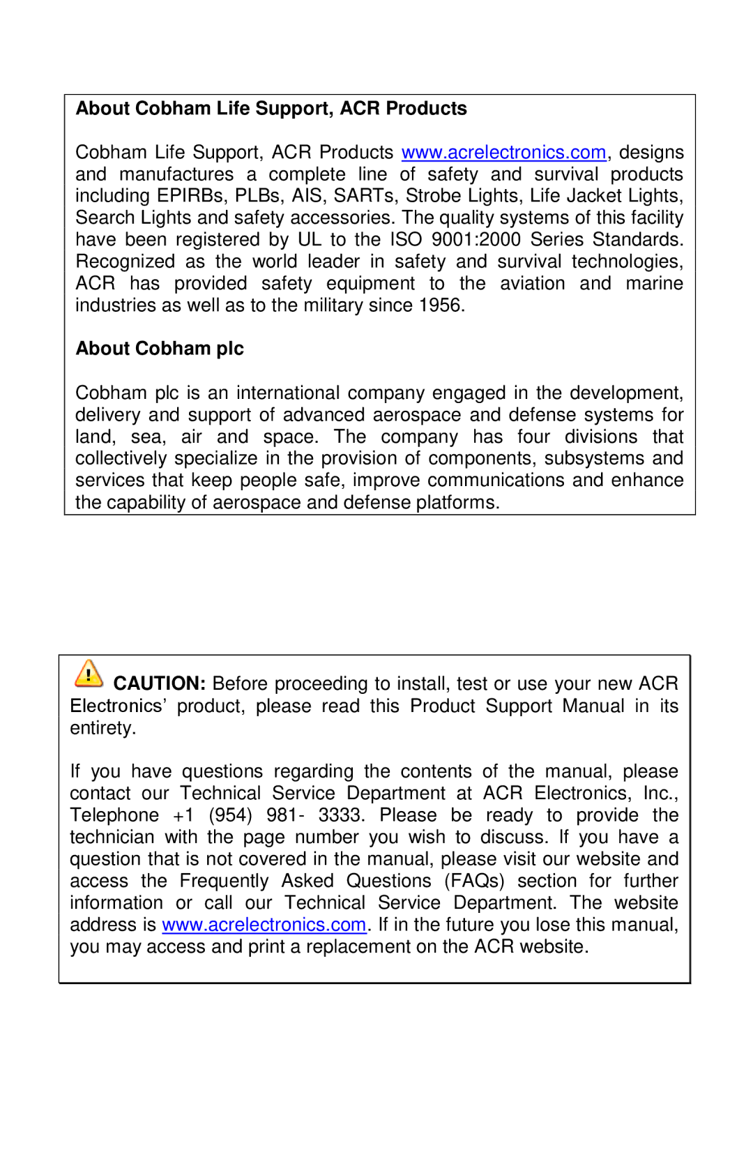 ACR Electronics MS-2000(M) manual About Cobham Life Support, ACR Products About Cobham plc 