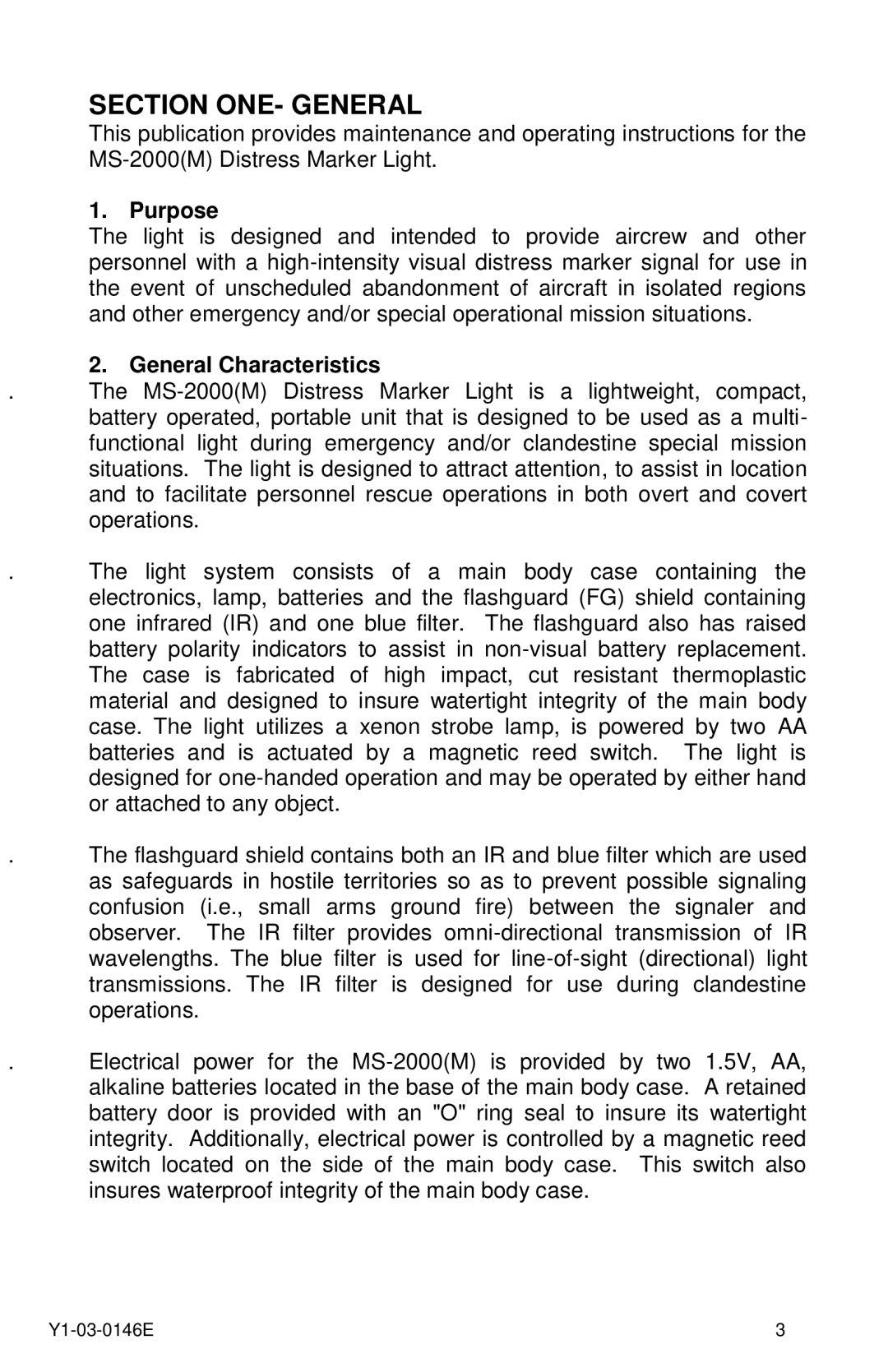 ACR Electronics MS-2000(M) manual Section ONE- General, Purpose, General Characteristics 