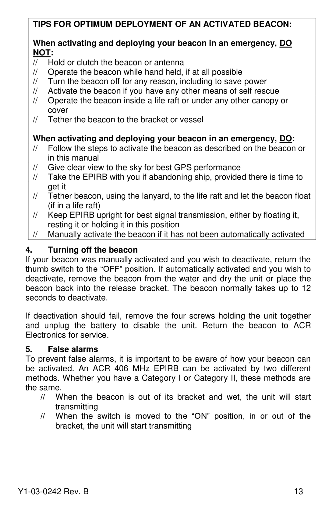 ACR Electronics 2844, PRO 406, RLB-37, 2842 manual Turning off the beacon, False alarms 