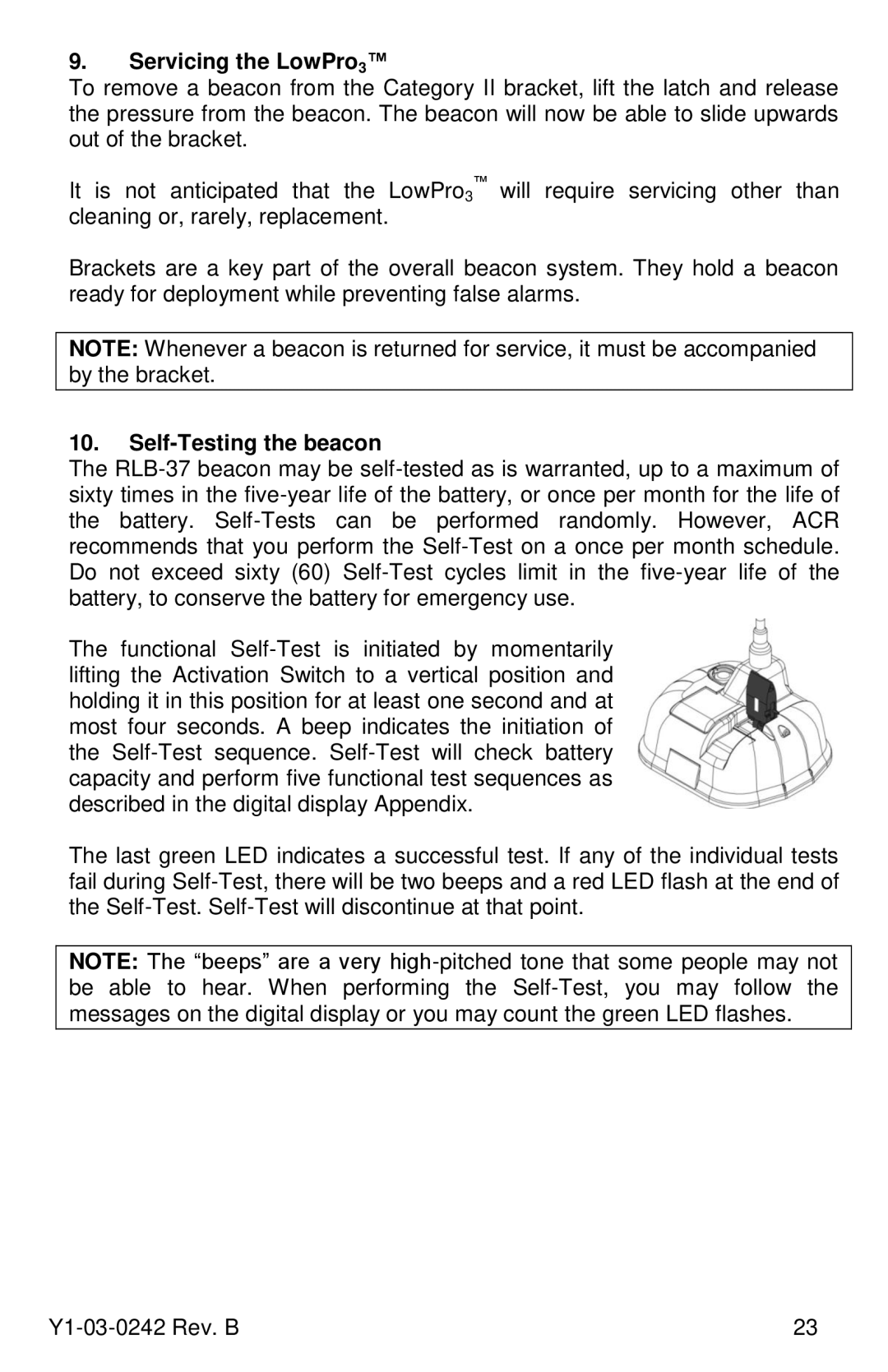 ACR Electronics PRO 406, RLB-37, 2844, 2842 manual Servicing the LowPro3, Self-Testing the beacon 