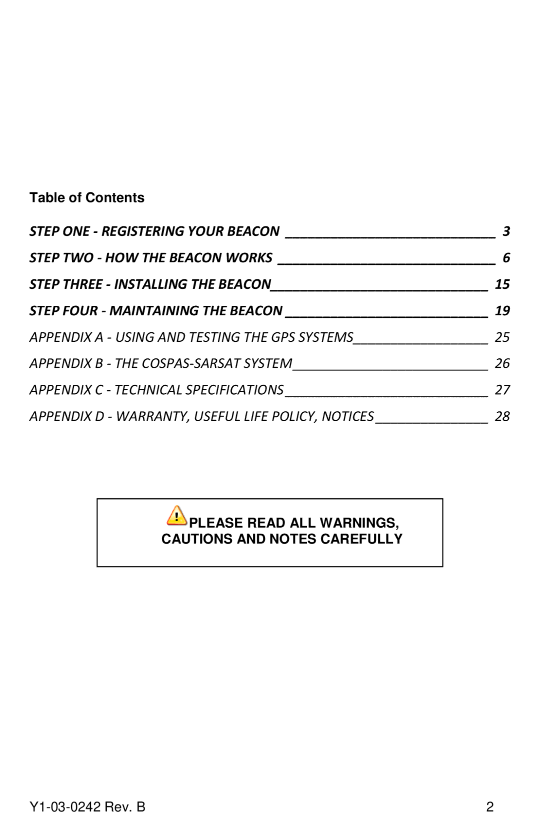 ACR Electronics 2842, PRO 406, RLB-37, 2844 manual Table of Contents 