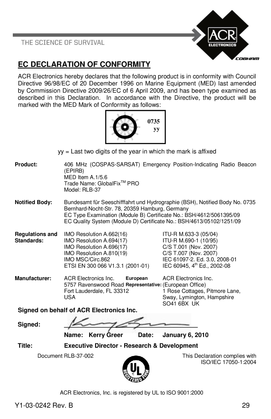 ACR Electronics 2844, PRO 406, RLB-37, 2842 manual Product, Notified Body, Regulations, Standards, Manufacturer 