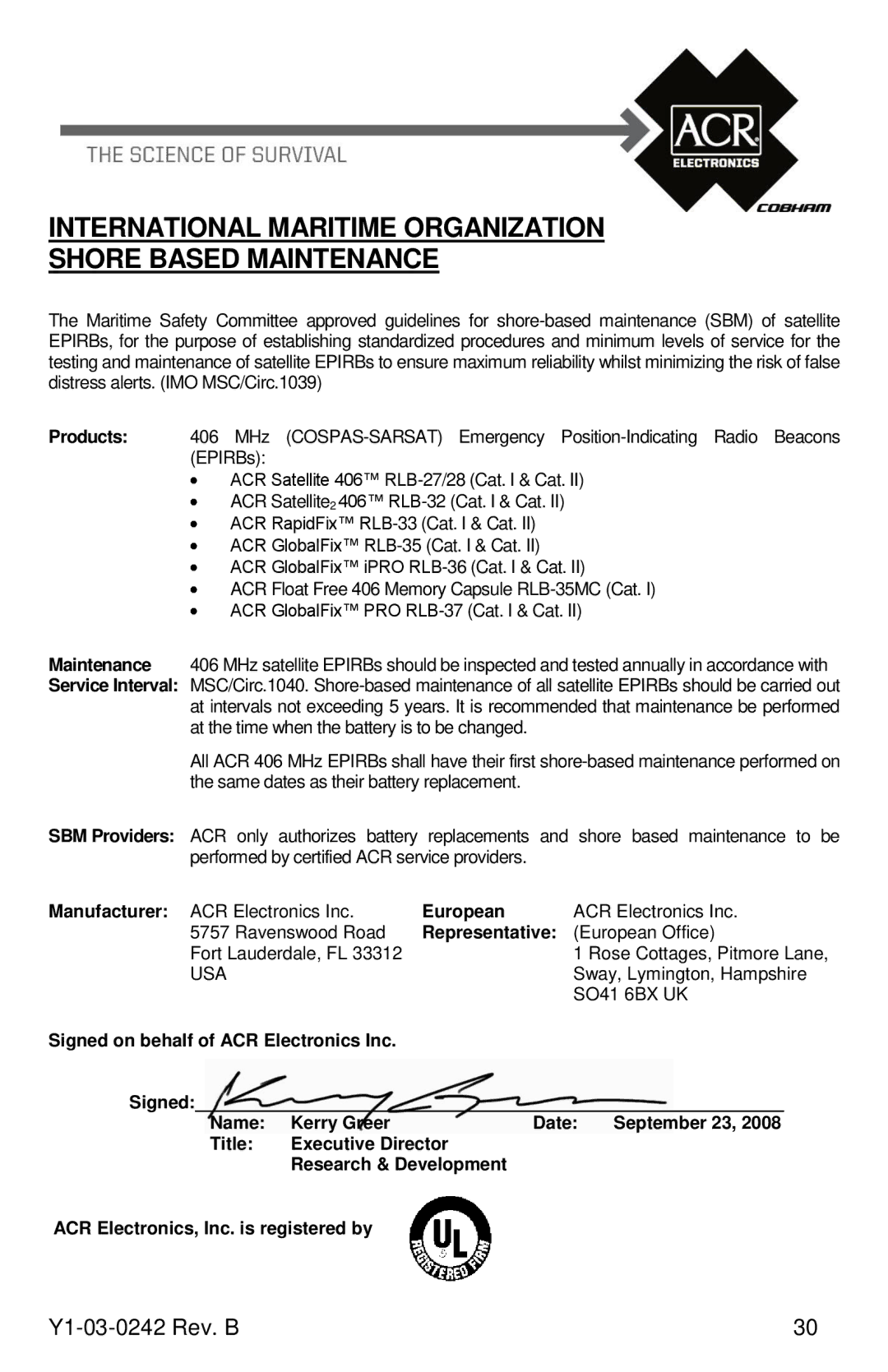 ACR Electronics 2842, PRO 406, RLB-37 International Maritime Organization Shore Based Maintenance, European, Representative 