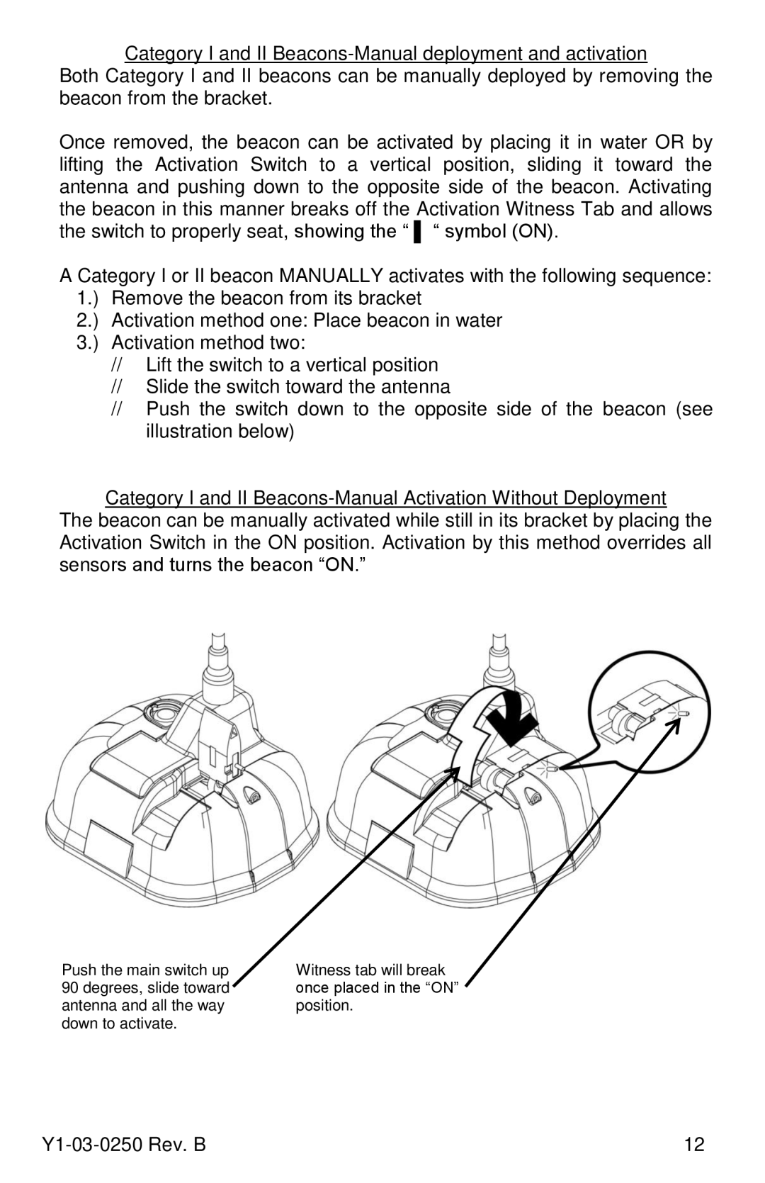 ACR Electronics Y1-03-0250, RLB-38 manual Witness tab will break once placed in the on position 