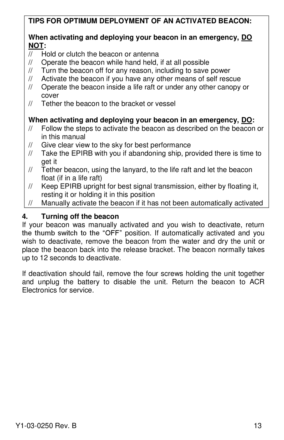 ACR Electronics RLB-38, Y1-03-0250 manual Tips for Optimum Deployment of AN Activated Beacon, Turning off the beacon 