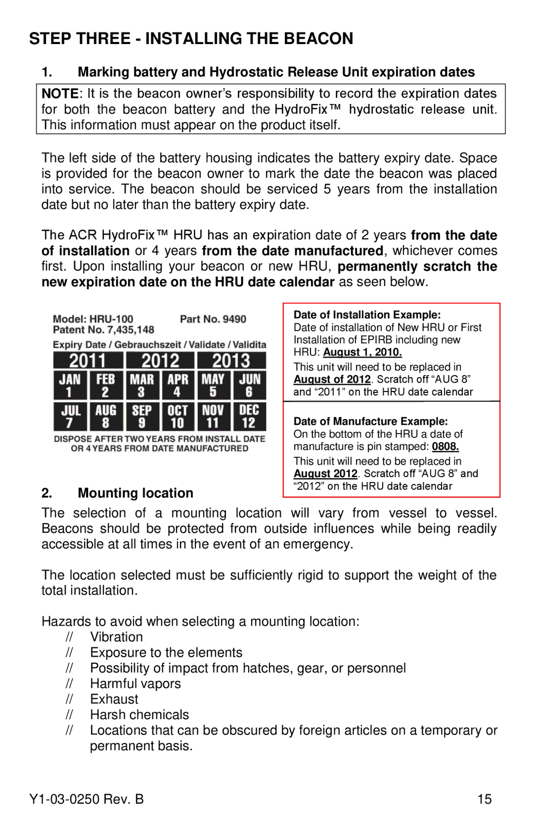 ACR Electronics RLB-38, Y1-03-0250 manual Step Three Installing the Beacon, Date of Installation Example 