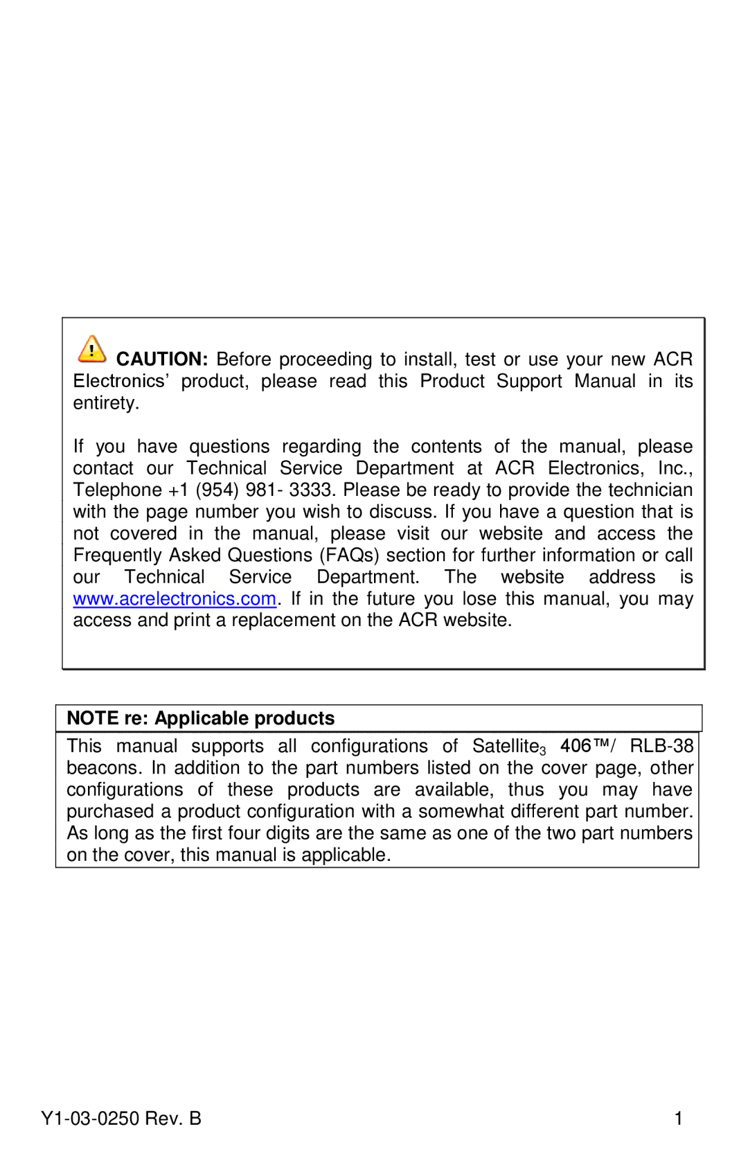 ACR Electronics RLB-38, Y1-03-0250 manual 