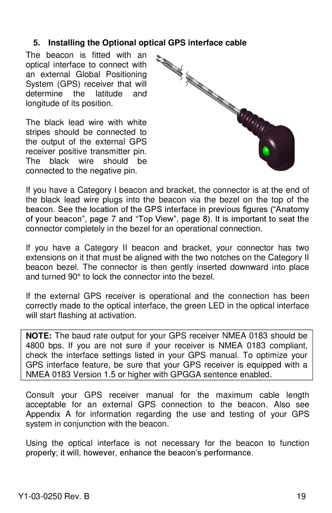 ACR Electronics RLB-38, Y1-03-0250 manual Installing the Optional optical GPS interface cable 