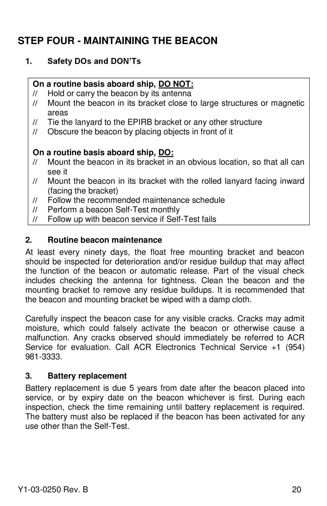 ACR Electronics Y1-03-0250 manual Step Four Maintaining the Beacon, On a routine basis aboard ship, do, Battery replacement 