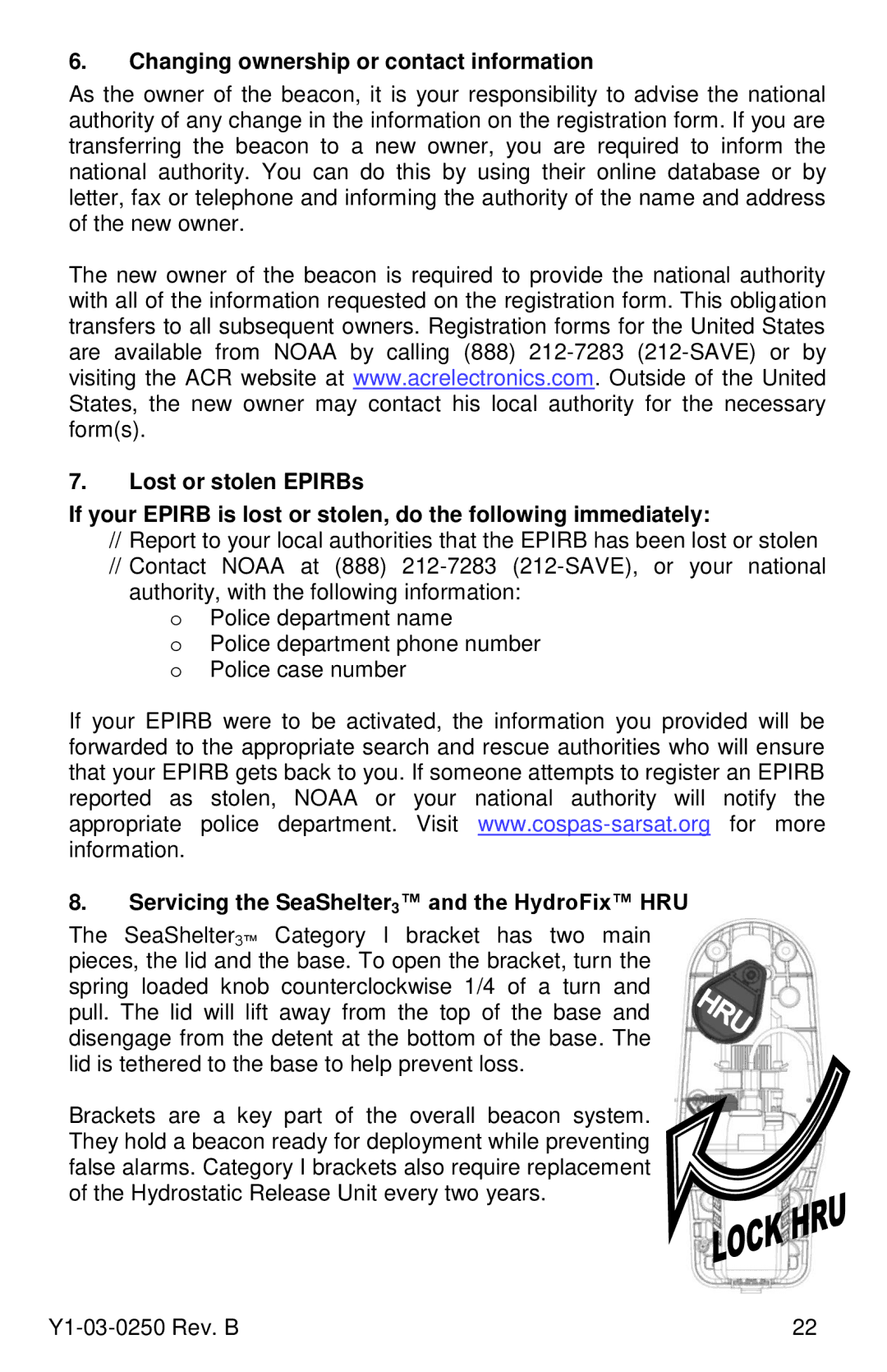 ACR Electronics Y1-03-0250 manual Changing ownership or contact information, Servicing the SeaShelter3 and the HydroFix HRU 