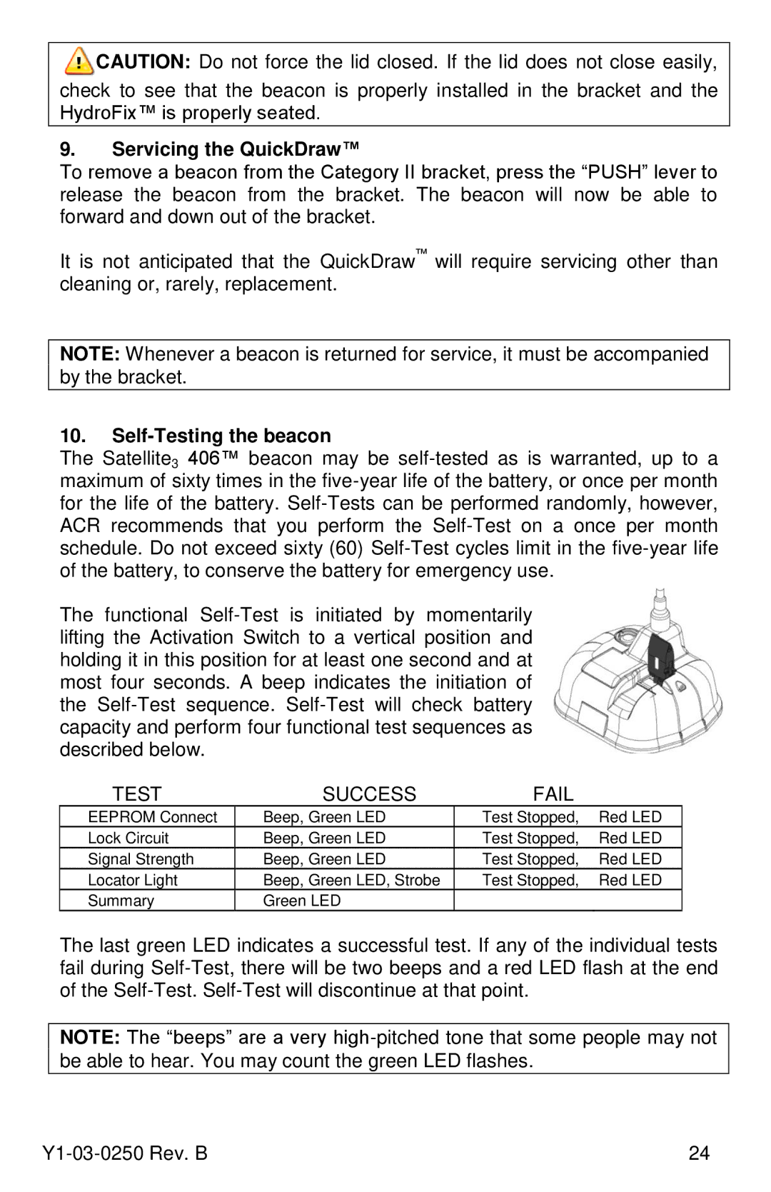 ACR Electronics Y1-03-0250, RLB-38 manual Servicing the QuickDraw, Self-Testing the beacon 