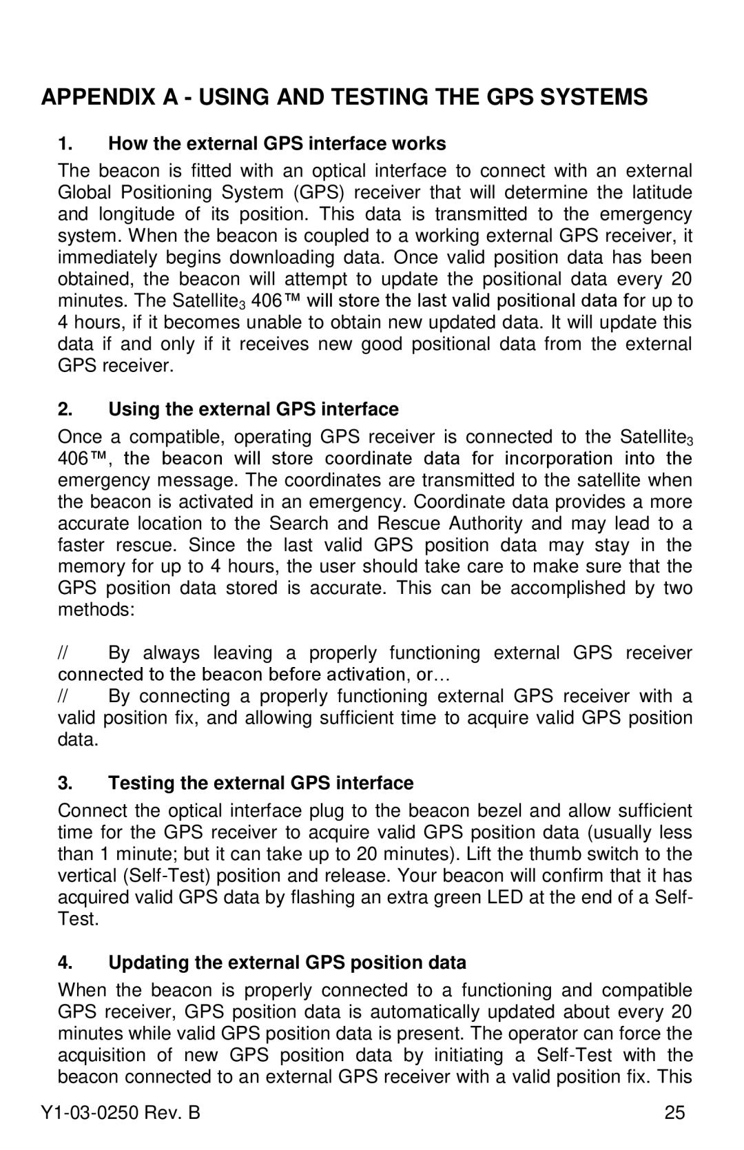 ACR Electronics RLB-38, Y1-03-0250 manual Appendix a Using and Testing the GPS Systems, How the external GPS interface works 