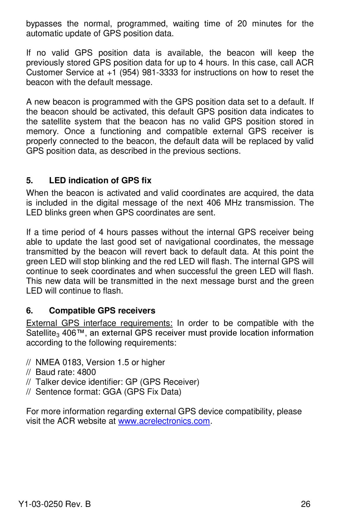 ACR Electronics Y1-03-0250, RLB-38 manual LED indication of GPS fix, Compatible GPS receivers 