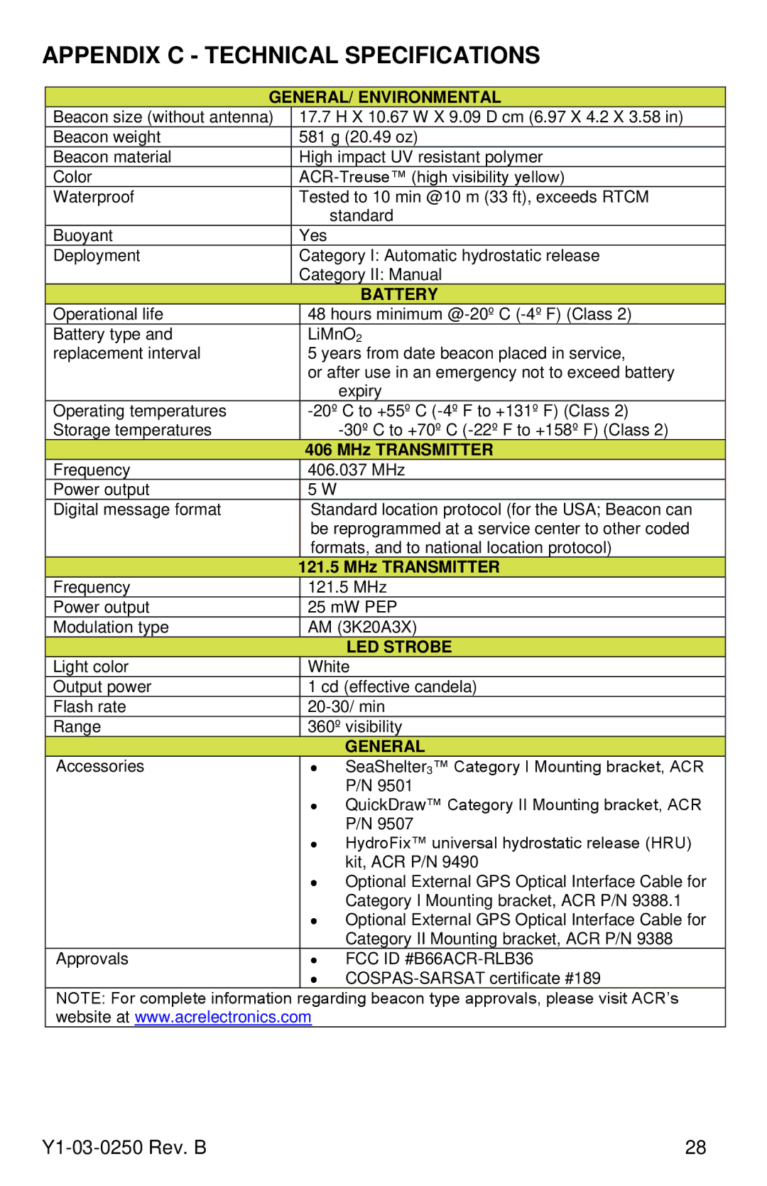 ACR Electronics Y1-03-0250, RLB-38 manual Appendix C Technical Specifications, GENERAL/ Environmental 