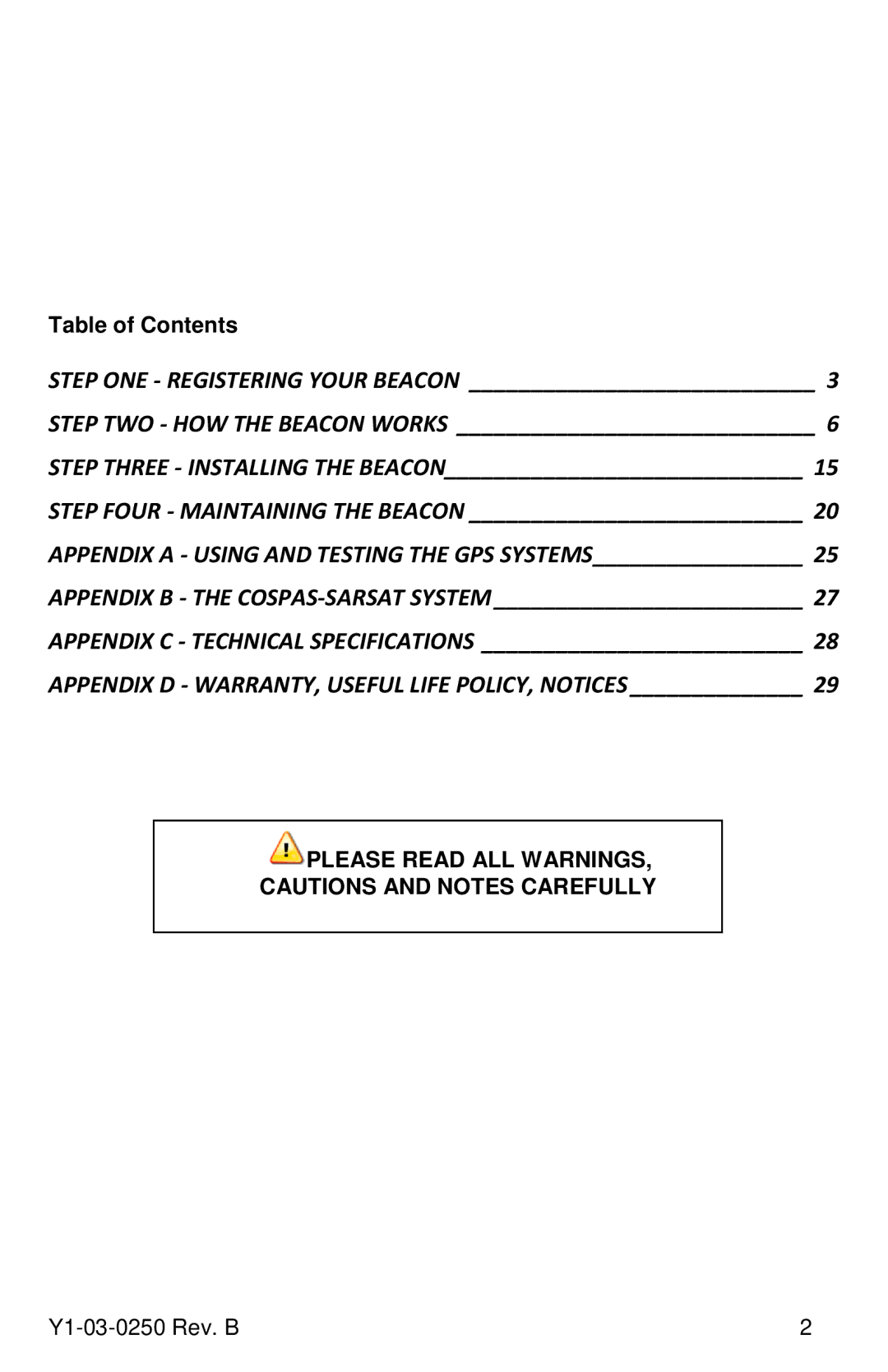 ACR Electronics Y1-03-0250, RLB-38 manual Appendix D WARRANTY, Useful Life POLICY, Notices, Table of Contents 