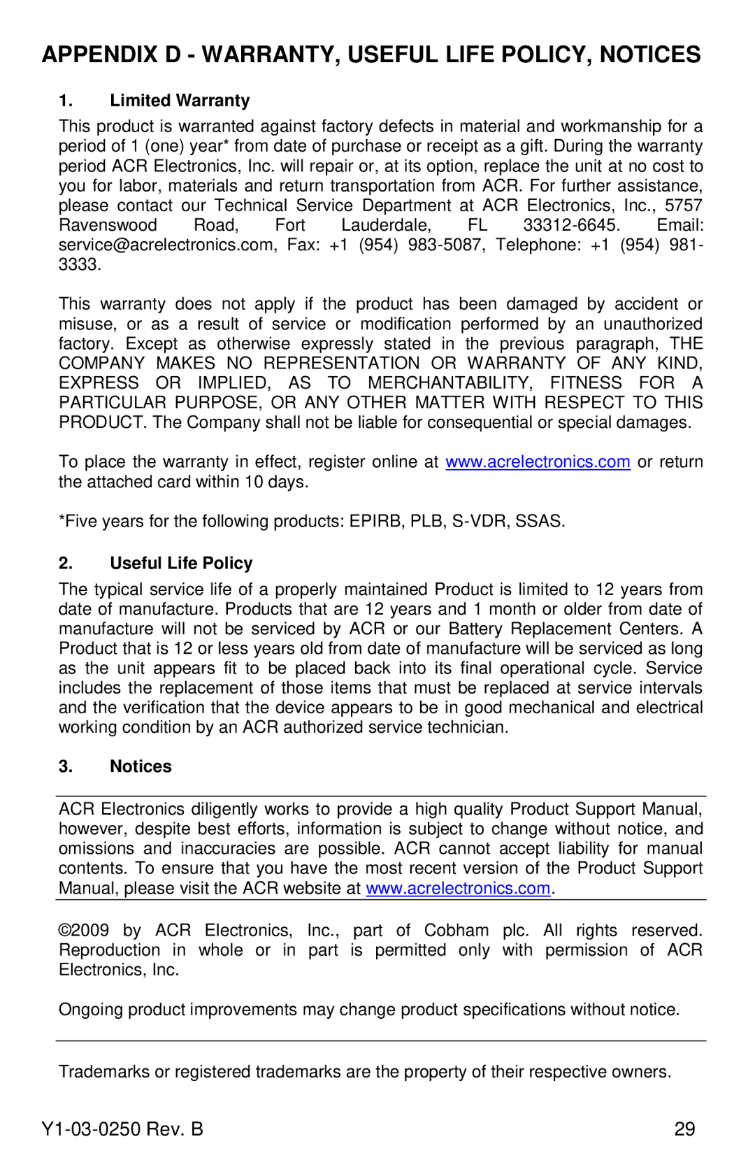 ACR Electronics RLB-38, Y1-03-0250 manual Appendix D WARRANTY, Useful Life POLICY, Notices, Limited Warranty 