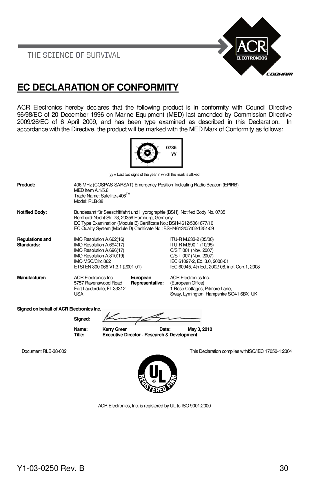 ACR Electronics Y1-03-0250, RLB-38 manual EC Declaration of Conformity, Product 