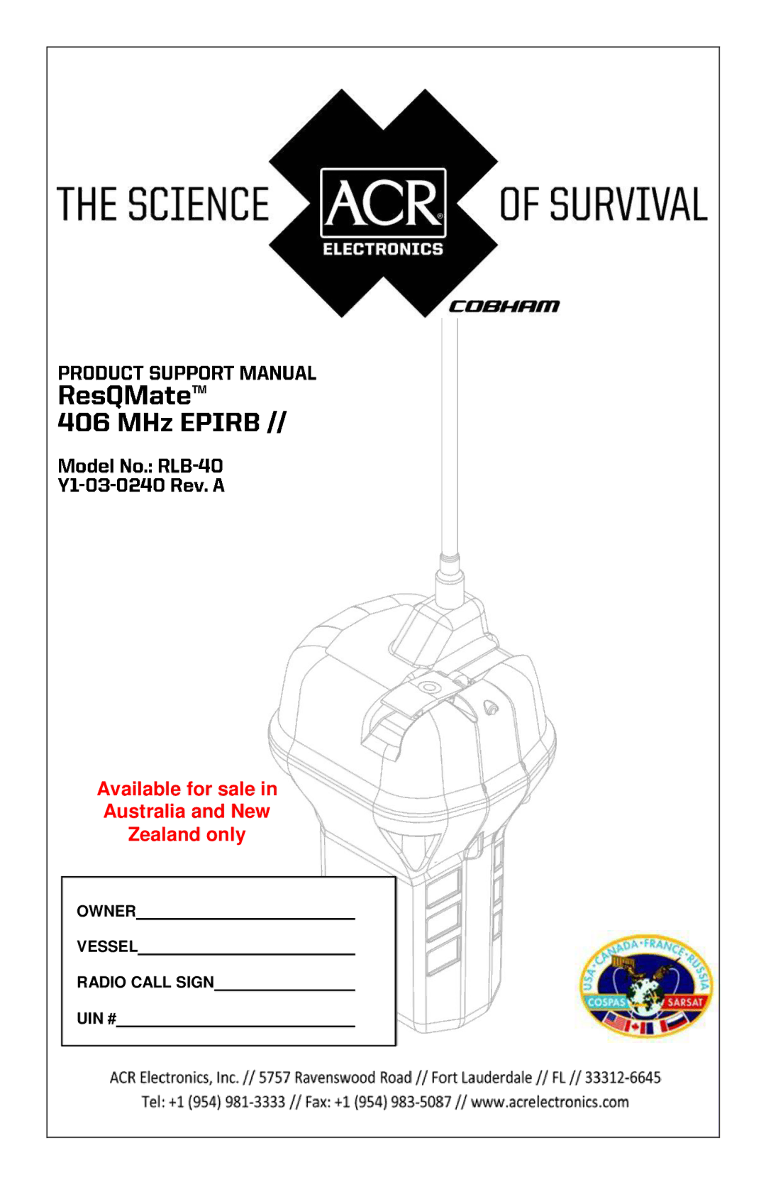 ACR Electronics Y1-03-0240A, RLB-40 manual Available for sale in Australia and New Zealand only 