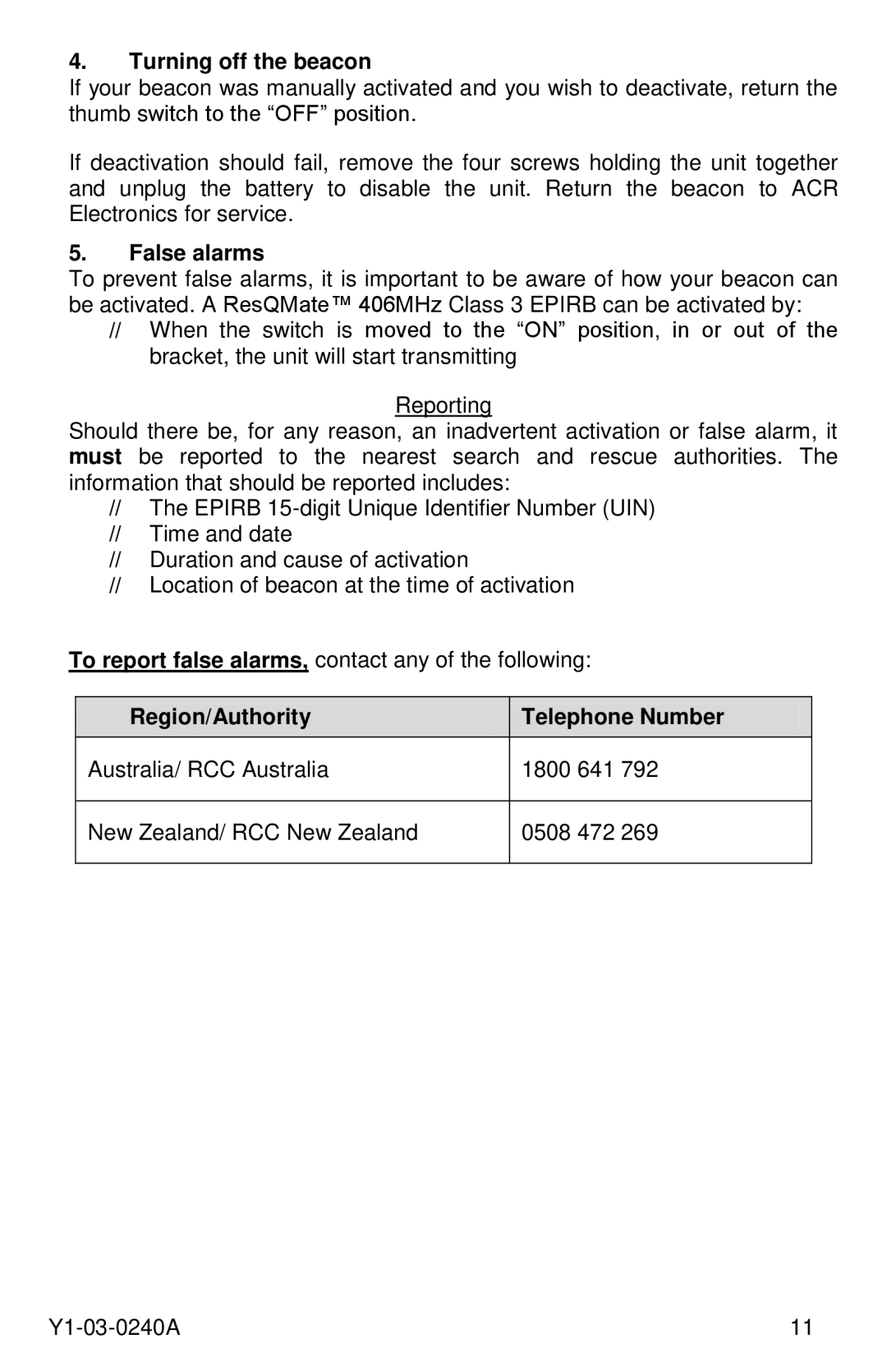 ACR Electronics RLB-40, Y1-03-0240A manual Turning off the beacon, False alarms 