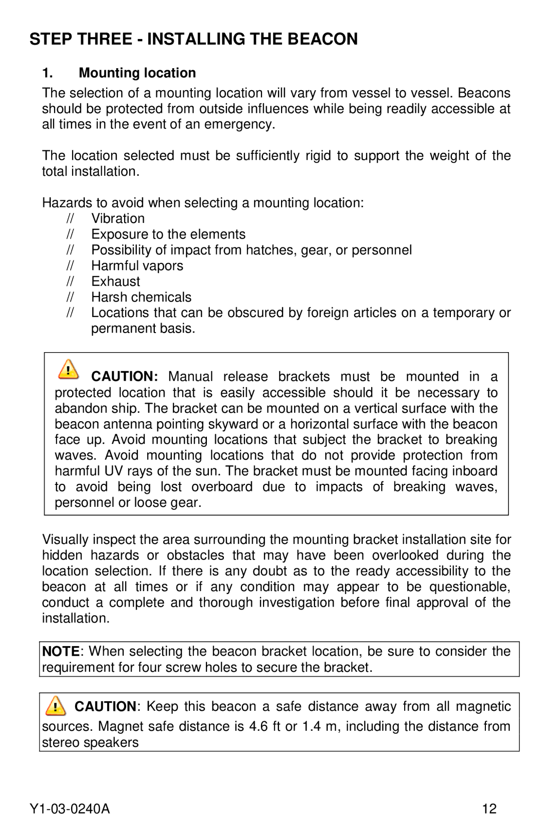 ACR Electronics Y1-03-0240A, RLB-40 manual Step Three Installing the Beacon, Mounting location 