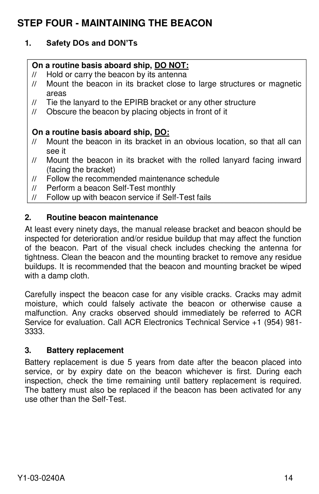 ACR Electronics Y1-03-0240A Step Four Maintaining the Beacon, On a routine basis aboard ship, do, Battery replacement 