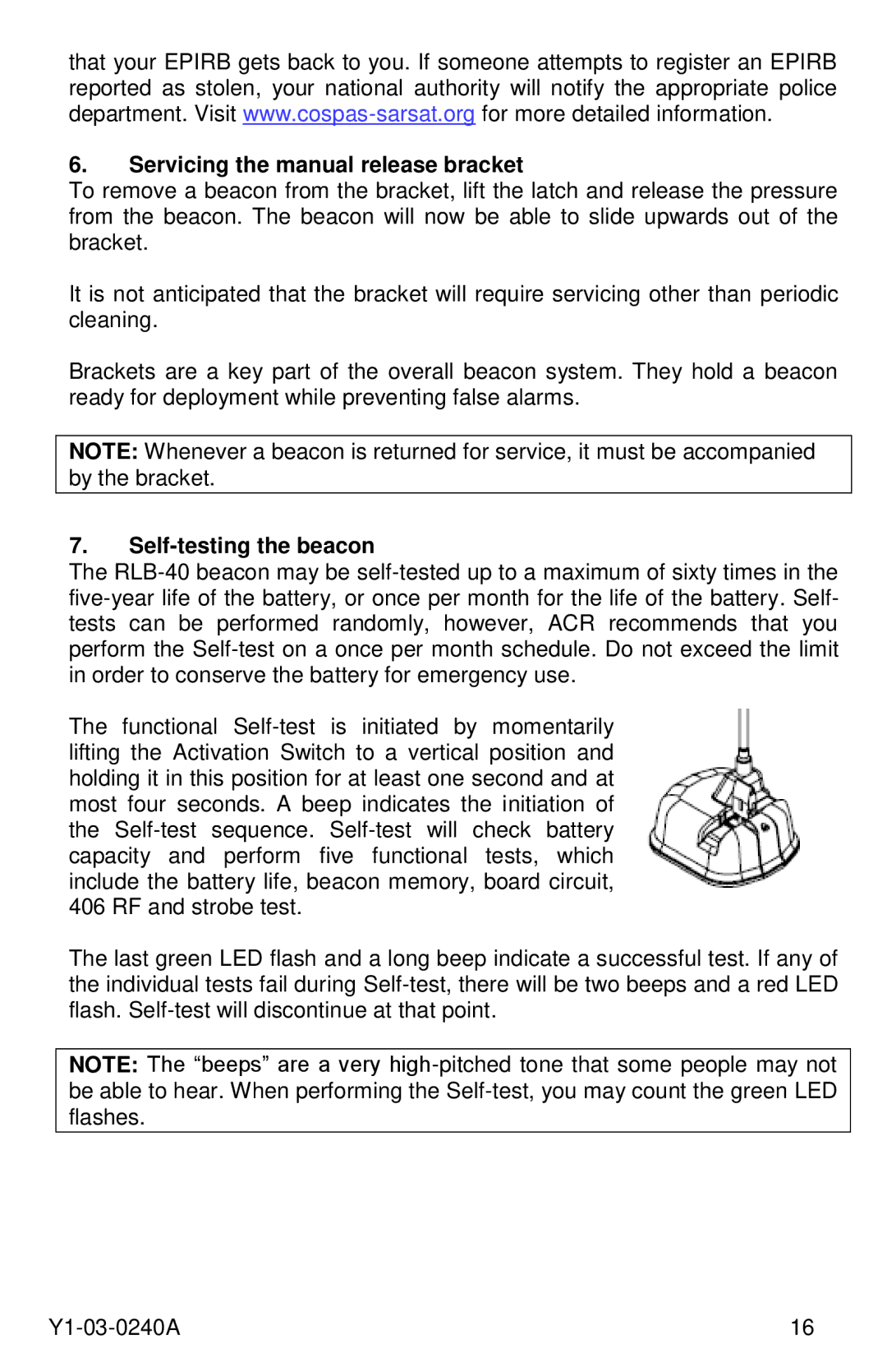 ACR Electronics Y1-03-0240A, RLB-40 Servicing the manual release bracket, Self-testing the beacon 
